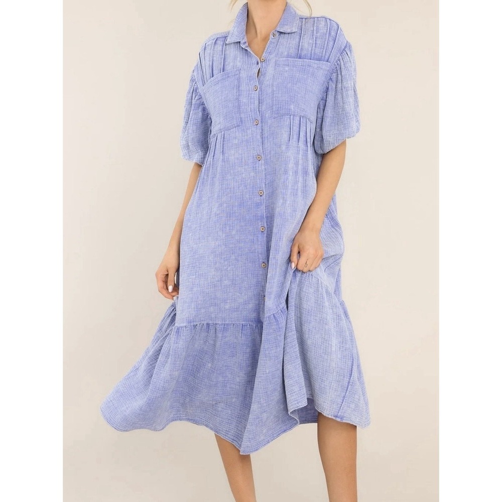 Talulah Cotton Gauze Midi Shirt Dress Size Small Periwinkle Tiered Oversized